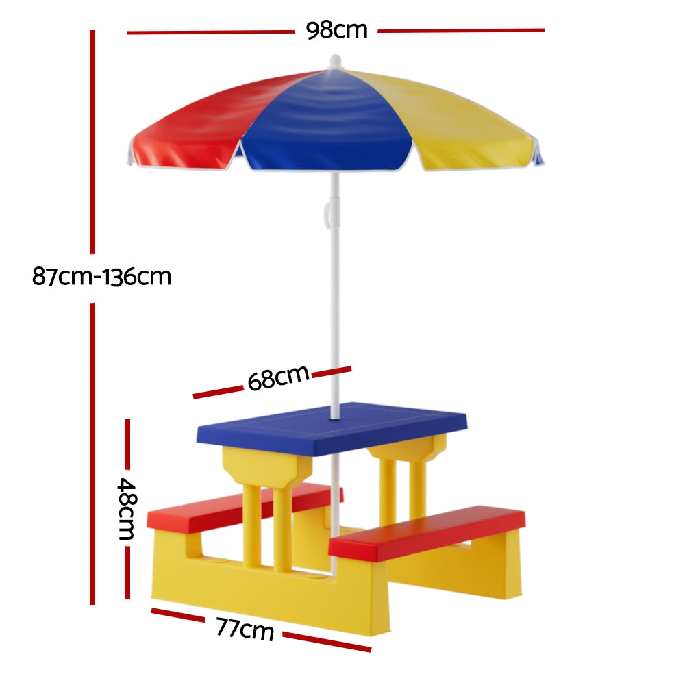 Kids Plastic Picnic Table with Chairs and Adjustable Umbrella