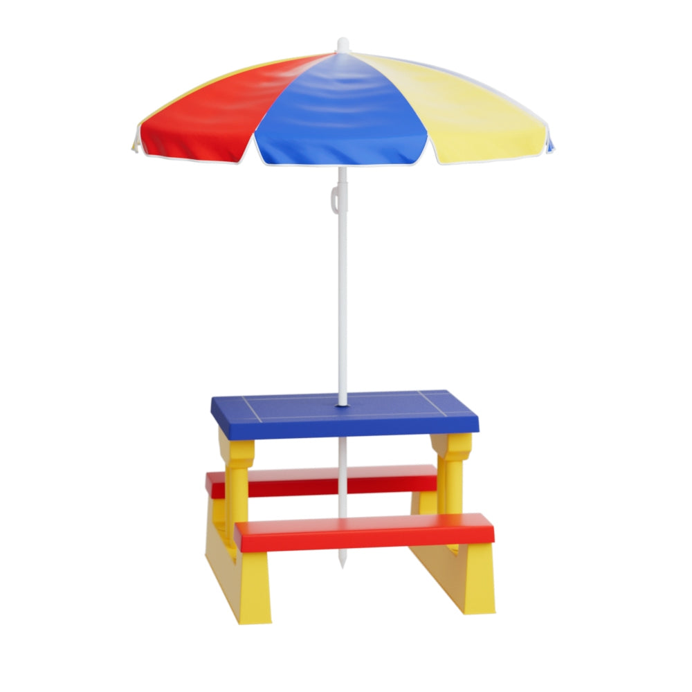 Kids Plastic Picnic Table with Chairs and Adjustable Umbrella