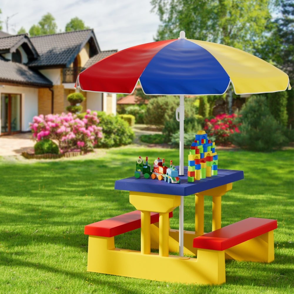 Kids Plastic Picnic Table with Chairs and Adjustable Umbrella
