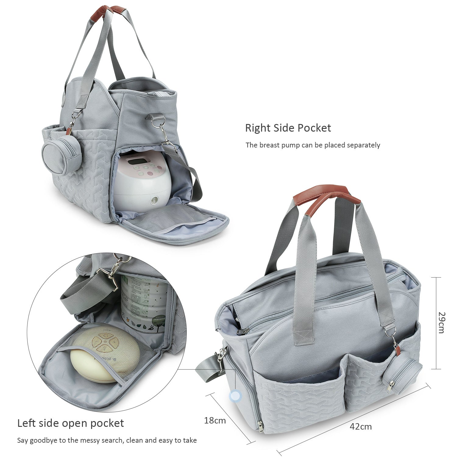 Open nappy bag showing organised interior with pockets and main compartment