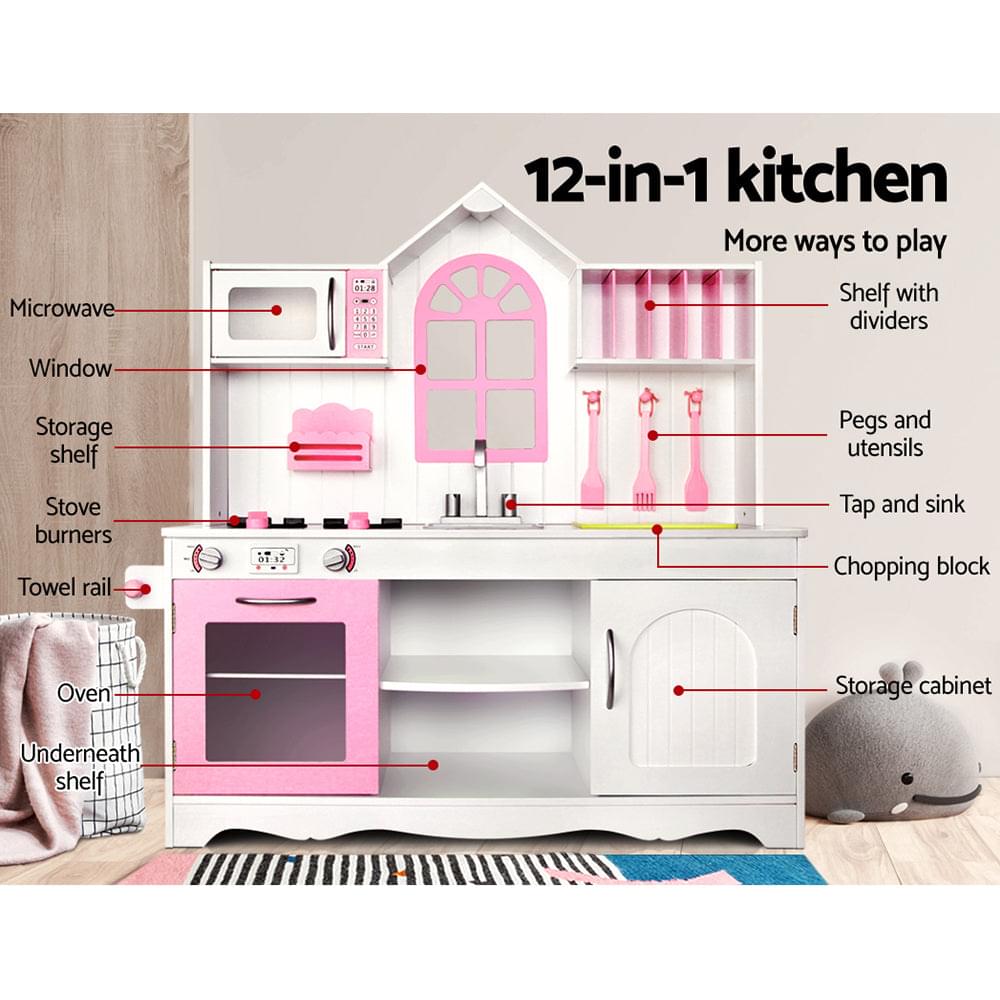 Kids Wooden Kitchen Play Set - White & Pink - Play Kitchen