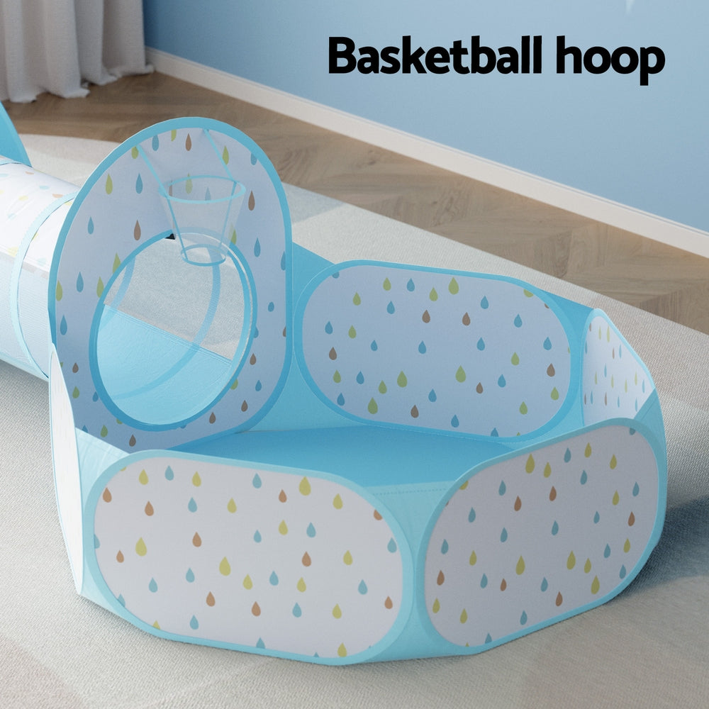 Kids Play Tent with Ball Pit Tunnel Basketball Hoop - Blue