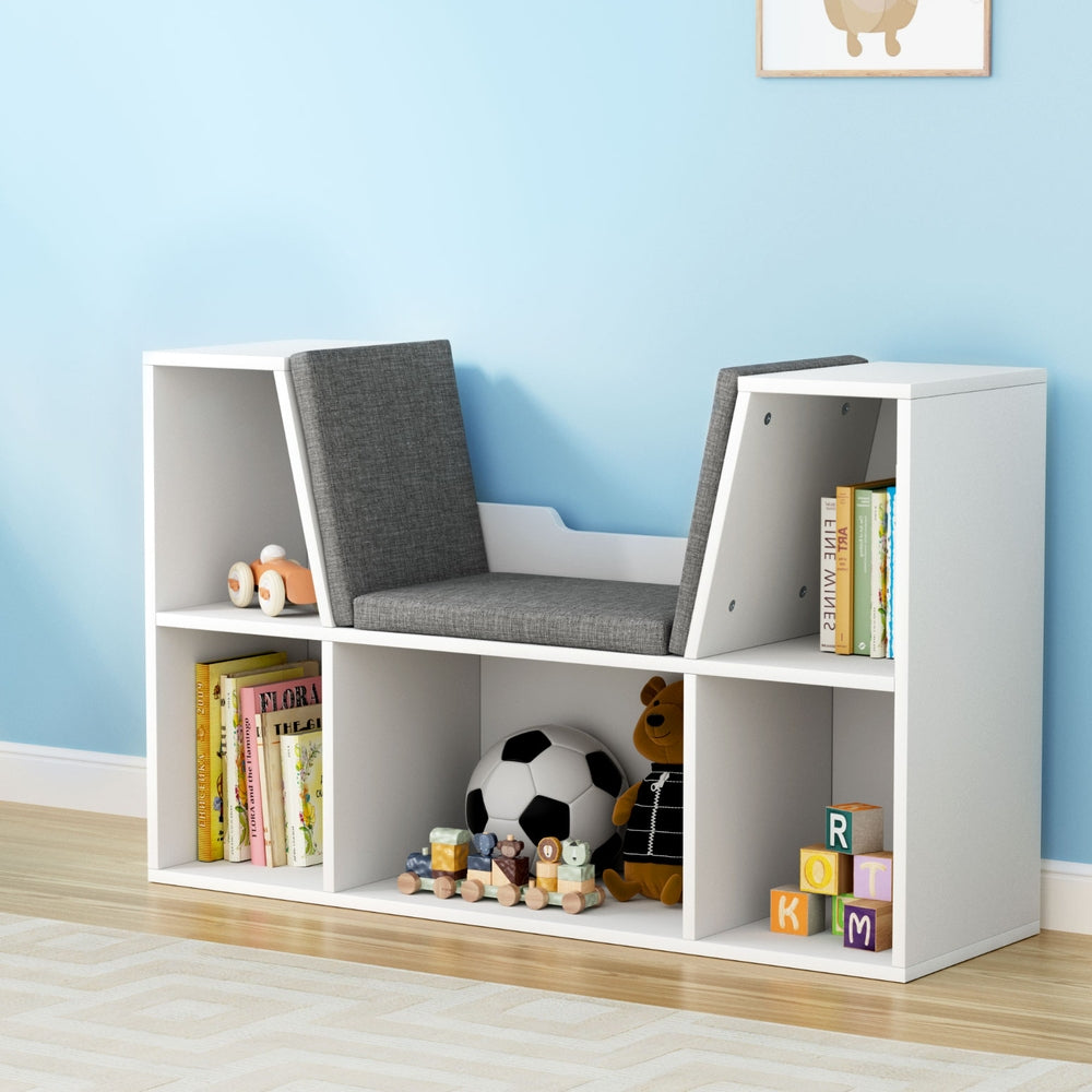 Toy Organizer Rack – Kids Storage Shelf with Built-in Seat and Cushion
