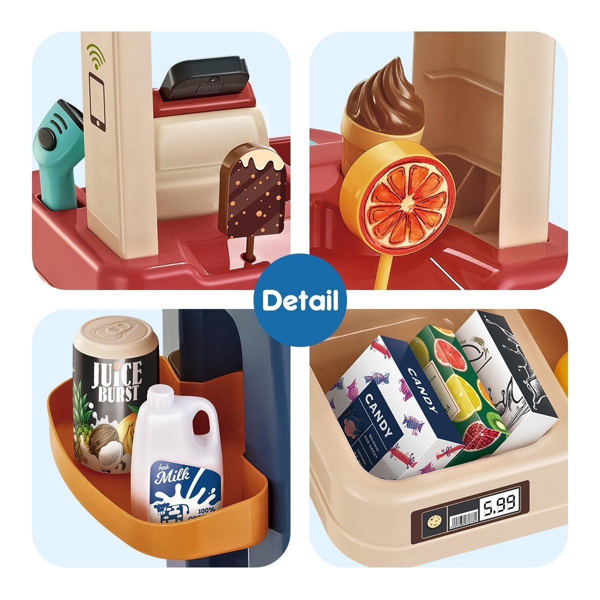 Kids Supermarket Ice Cream Cart Shop Dessert Food Pretend Role Play Set Red - Play Kitchen