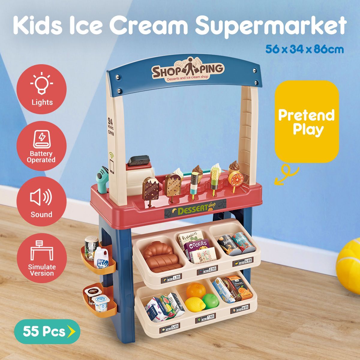 Kids Supermarket Ice Cream Cart Shop Dessert Food Pretend Role Play Set Red - Play Kitchen