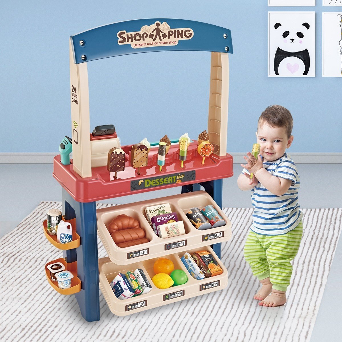 Kids Supermarket Ice Cream Cart Shop Dessert Food Pretend Role Play Set Toy Blue - Play Kitchen